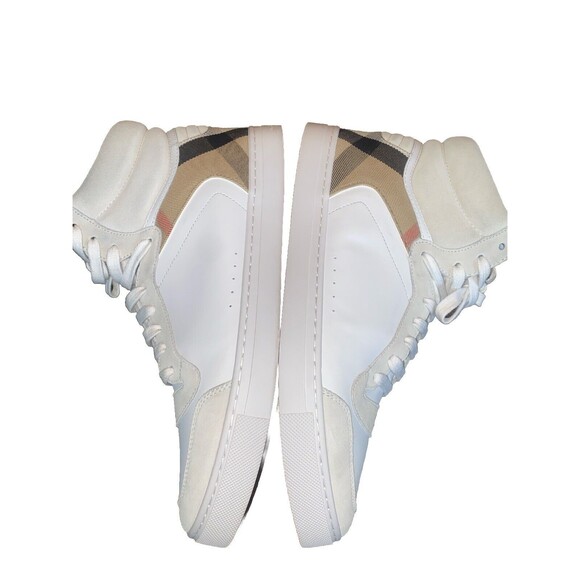 Burberry - Men's Reeth Leather House Check High-Top Sneakers White Size 12 - Picture 8 of 16